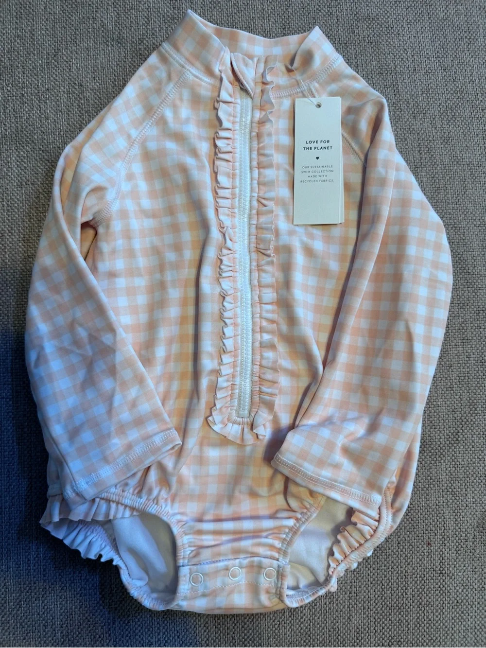 Janie and Jack Peach Gingham Ruffle-Front Long-Sleeve One-Piece Bathing Suit